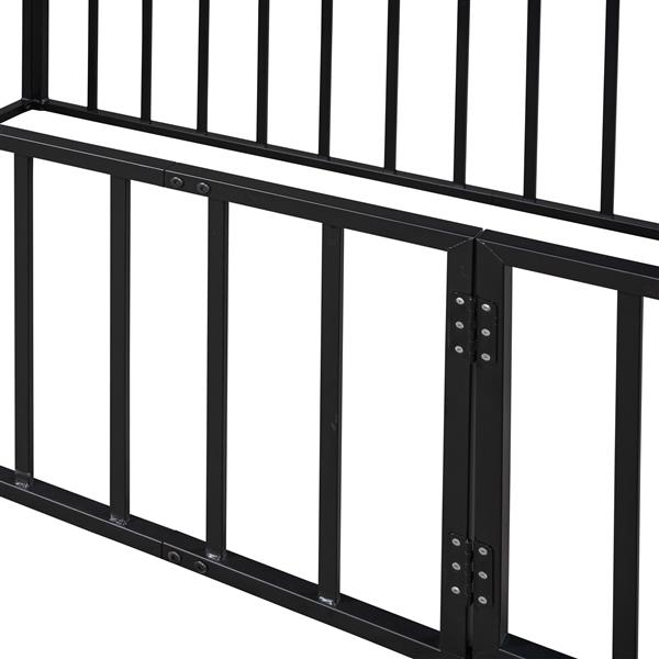 Twin Size Metal Floor Bed Frame with Fence and Door, Black