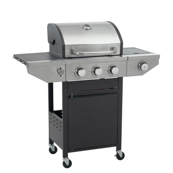 Propane Grill 3 Burner Barbecue Grill Stainless Steel Gas Grill with Side Burner and Thermometer for Outdoor BBQ, Camping