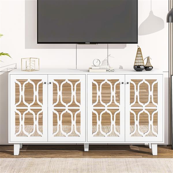 Buffet Cabinet with Adjustable Shelves, 4-Door Mirror Hollow-Carved TV stand for TVs Up to 70'', Multi-functional Console Table with Storage Credenza Accent Cabinet for Living Room, White