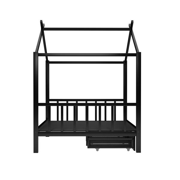 Full Size Metal House Platform Bed with Two Drawers,Headboard and Footboard,Roof Design,Black