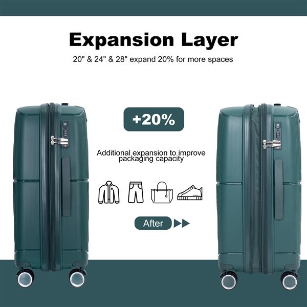 Expandable Hardshell Suitcase Double Spinner Wheels PP Luggage Sets Lightweight Durable Suitcase with TSA Lock,3-Piece Set (20/24/28) , Green