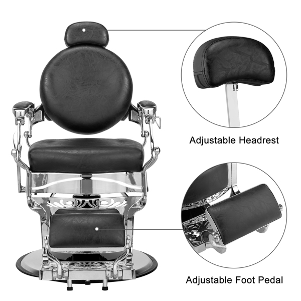 PVC leather, silver plated aluminum alloy frame, extra large pump disc with towel rack, square seat cushion without buttons, reclining hair salon chair 150kg silver