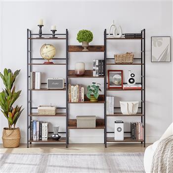 Triple Wide 5-shelf Bookshelves Industrial Retro Wooden Style Home and Office Large Open Bookshelves, Rustic Brown，69.3’’W x 11.8’’D x 70.1’’H