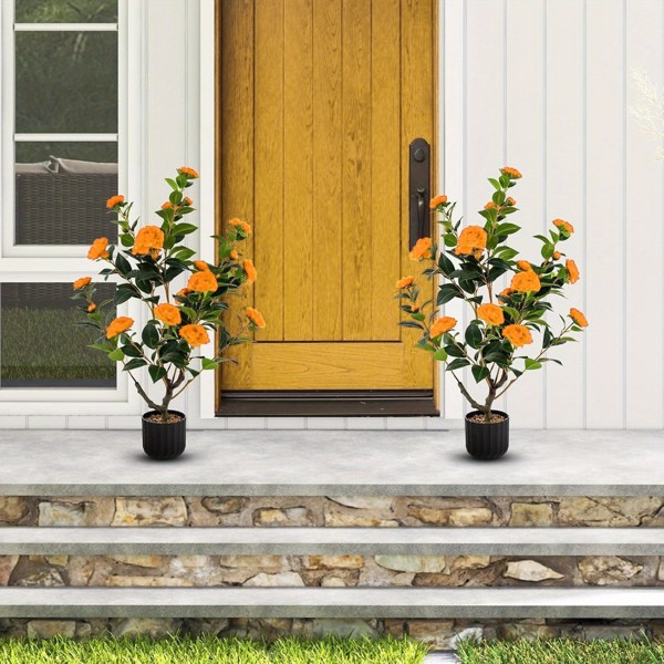 2pcs Artificial Camellia Tree, 35in Faux Camellia Plant in Pot with Orange Flowers for Spring Home Front Door Outdoor Indoor Decoration