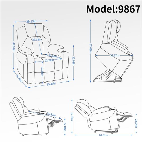 Up to 350 LBS Chenille Power Lift Recliner Chair, Heavy Duty Motion Mechanism with 8-Point Vibration Massage and Lumbar Heating, USB and Type-C Ports, Stainless Steel Cup Holders, Blue