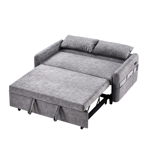 55.1" Pull Out Sleep Sofa Bed Loveseats Sofa Couch with Adjsutable Backrest, Storage Pockets, 2 Soft Pillows, USB Ports for Living Room, Bedroom, Apartment, Office,Grey