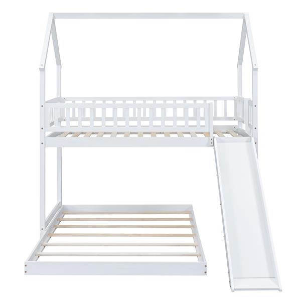 Twin over Full House Bunk Bed with Slide and Built-in Ladder, Full-Length Guardrail, White