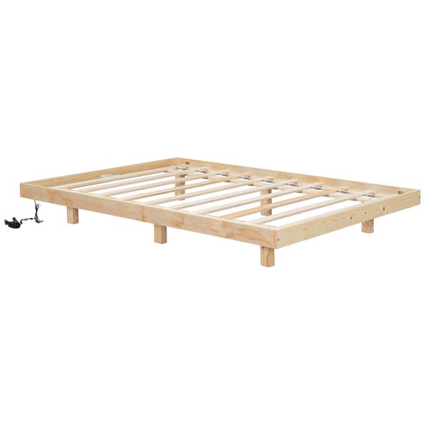 Full Size Floating Bed with LED Lights Underneath,Modern Full Size Low Profile Platform Bed with LED Lights,Natural