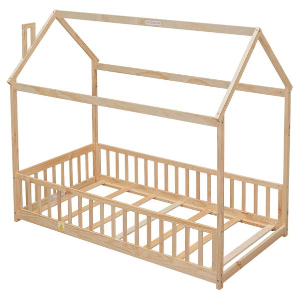 Twin House Bed with Guardrails, Slats ,Natural