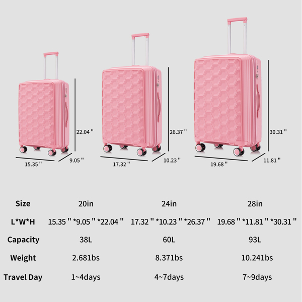 PP Luggage Sets 3 Piece(20/24/28), Expandable Carry On Luggage with TSA Lock Airline Approved, PP materials Hard Shell and Lightweight Suitcase with Spinner Wheels (Pink) 