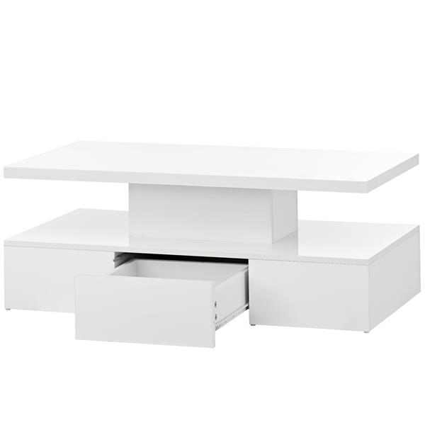 Modern Glossy Coffee Table With Drawer, 2-Tier Rectangle Center Table with LED lighting for Living room, 39.3''x19.6''x15.3'', White