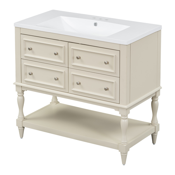 36" Bathroom Vanity Cabinet with Sink Combo Set, Undermount Resin Sink, Free Standing Vanity Set with 4 Drawers, Solid Wood Frame Bathroom Cabinet, Beige 