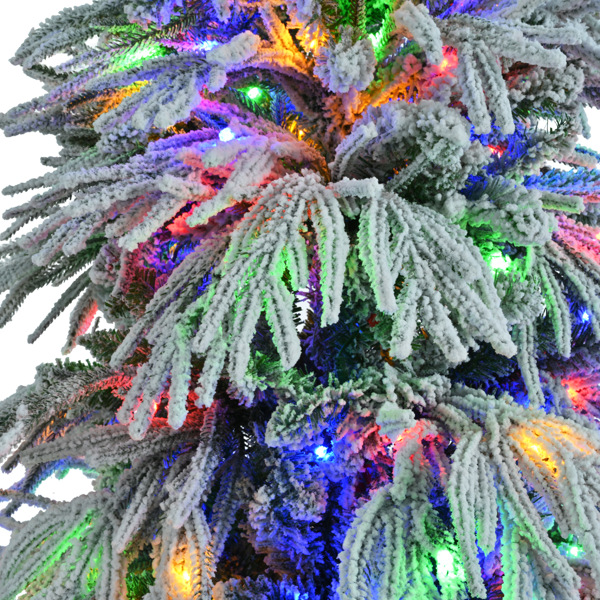 7.5FT Pre-Lit Spruce Snow Flocked Christmas Tree, Artificial Hinged Xmas Tree with 350 Multi-Color LED Lights, 8 Flashing Modes &1389 Snow Branch Tips, Holiday Office Home Décor 