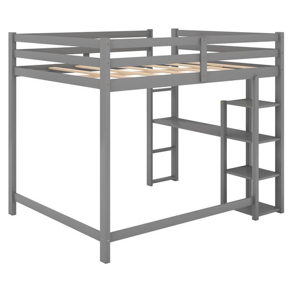 Full Size Loft Bed with Built-in Desk and Shelves,Gray