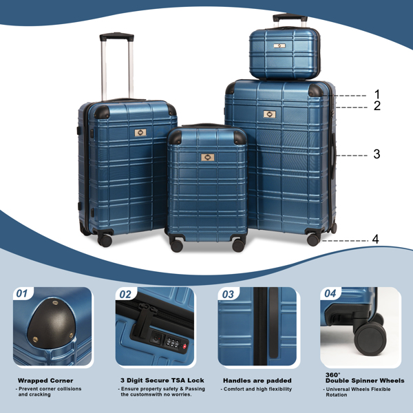 Luggage Sets ABS+PC Hardshell 4pcs Luggage Hardside Lightweight Durable Suitcase sets Spinner Wheels Suitcase with TSA Lock (12/20/24/28),Pearl Blue 