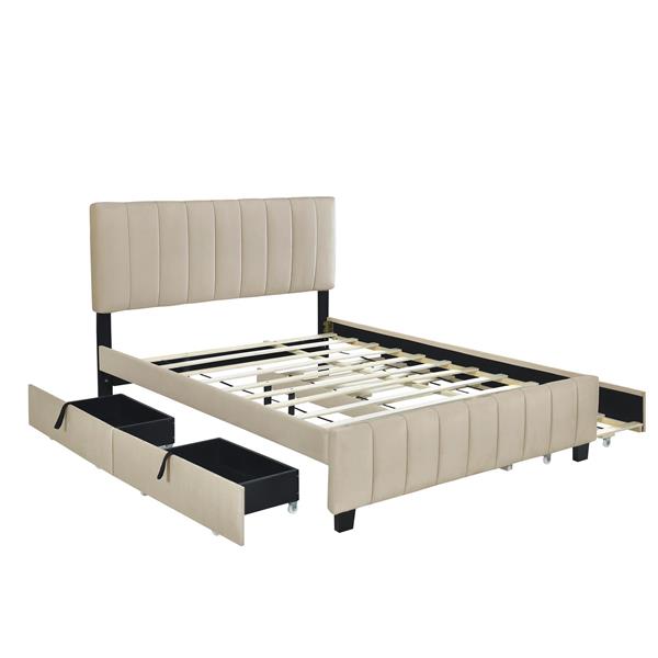 Queen Size Velvet Upholstered Platform Bed with 2 Drawers and 1 Twin XL Trundle- Beige