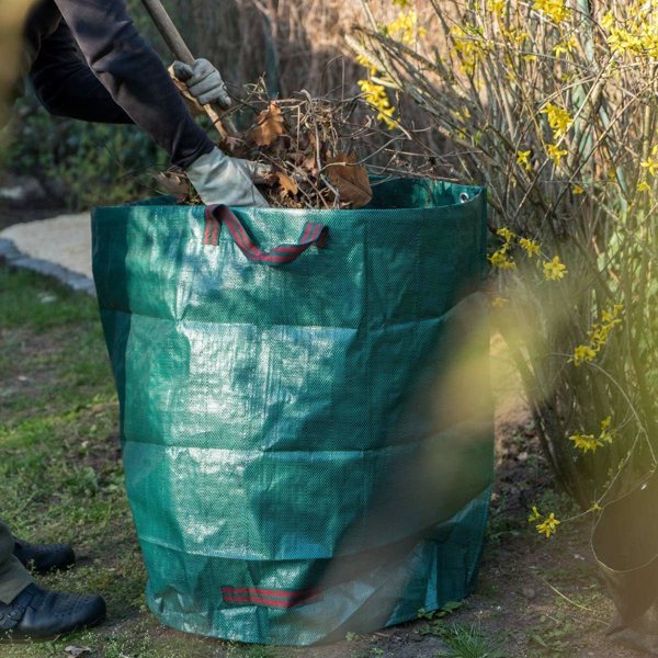 A set of thick and durable garden garbage bags, reusable garden leaf bags, plant waste cleaning bags, polypropylene woven handles, PP coated checkered cloth, brackets, sizes: 500 liters