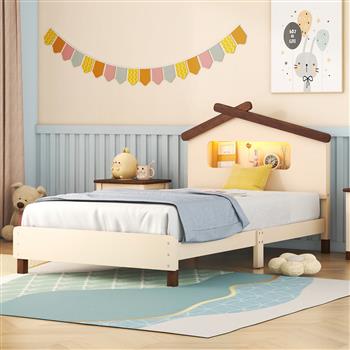 Twin Size Wood Platform Bed with House-shaped Headboard and Motion Activated Night Lights (Cream+Walnut)