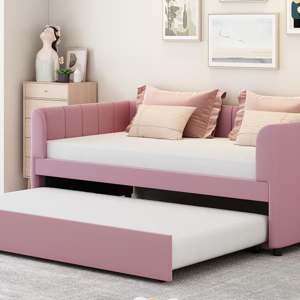 Twin Size Upholstered Daybed with Ergonomic Design Backrest and Trundle, Pink