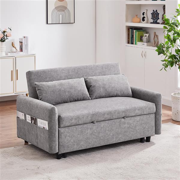 55.1" Pull Out Sleep Sofa Bed Loveseats Sofa Couch with Adjsutable Backrest, Storage Pockets, 2 Soft Pillows, USB Ports for Living Room, Bedroom, Apartment, Office,Grey