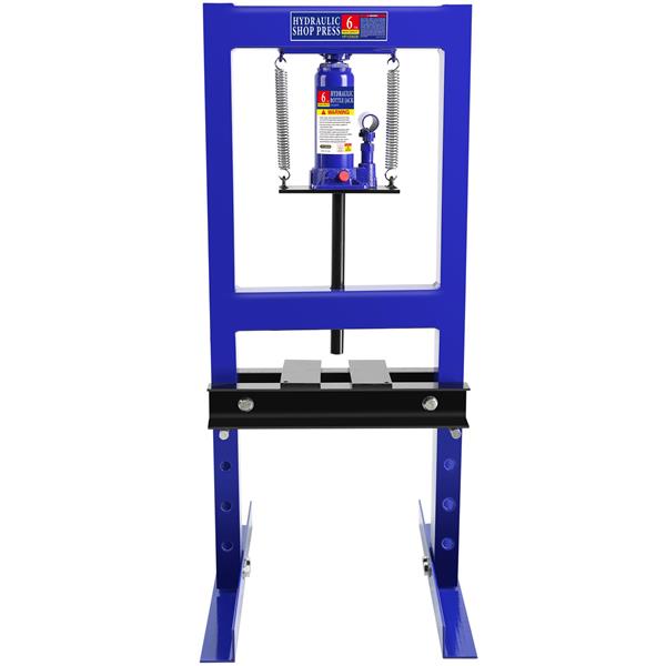 Steel H-Frame Hydraulic Shop Press with Stamping Plates to Bend, Straighten, or Press Parts, Install Bearings and U-Joints, 6 Ton Capacity, Blue