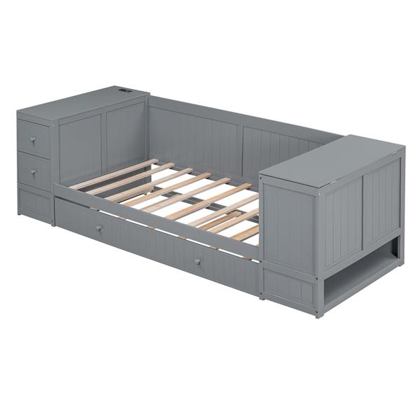 Twin Size Daybed with Storage Arms, Trundle and Charging Station, Gray