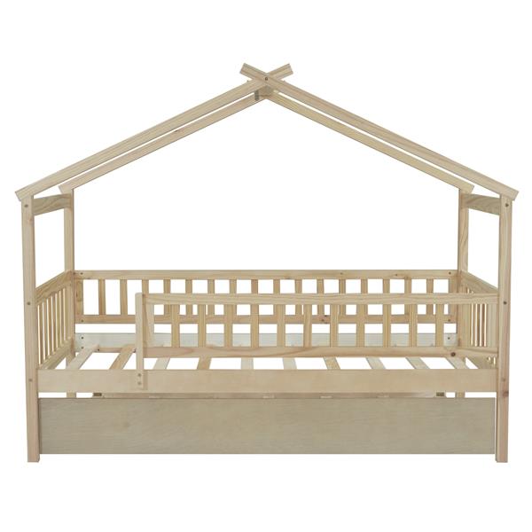 Twin Size Wooden House Bed with Twin Size Trundle, Natural