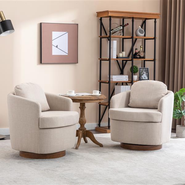 035-Linen Fabric Swivel Accent Chair With Soild Wood Round Brown Base Leg,Beige