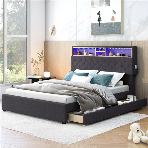 Full Size Upholstered Platform Bed with Storage Headboard, LED, USB Charging and 2 Drawers, Dark Gray