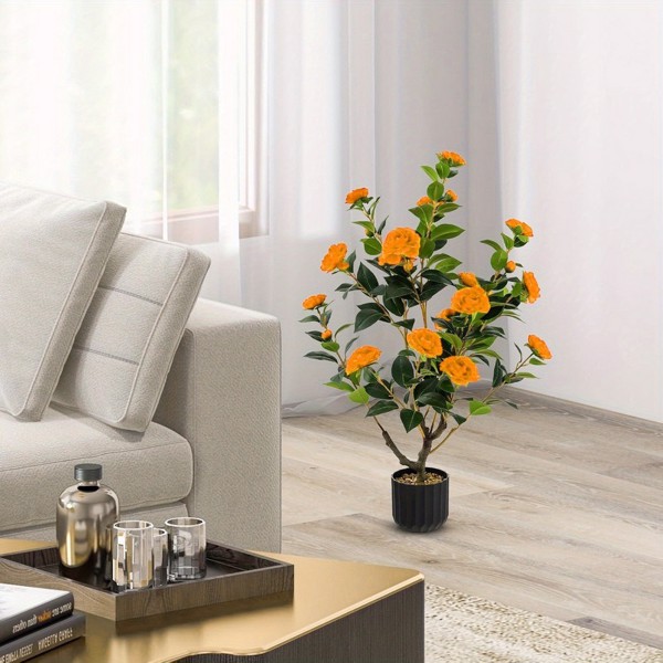 2pcs Artificial Camellia Tree, 35in Faux Camellia Plant in Pot with Orange Flowers for Spring Home Front Door Outdoor Indoor Decoration