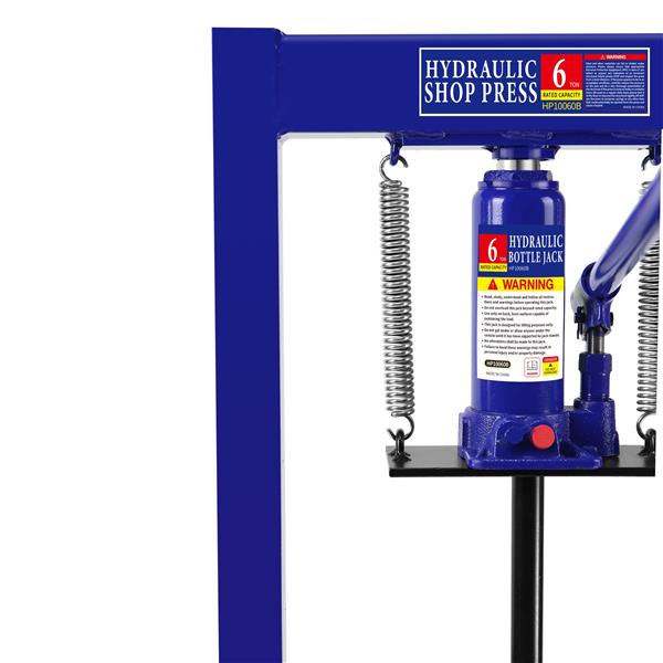 Steel H-Frame Hydraulic Shop Press with Stamping Plates to Bend, Straighten, or Press Parts, Install Bearings and U-Joints, 6 Ton Capacity, Blue