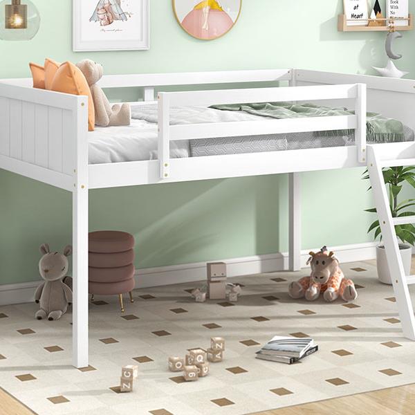 Twin Size Wood Low Loft Bed with Ladder, ladder can be placed on the left or right, White