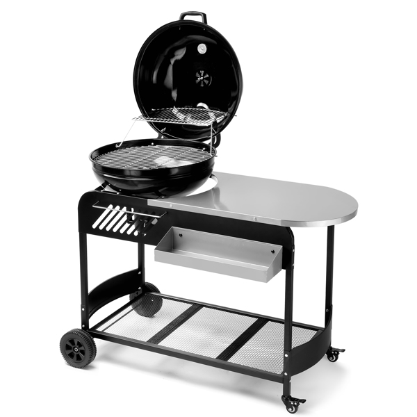 110*45*110cm Portable Charcoal Grill with Wheels and Sidetable, Large BBQ Smoker with Adjustable Vents on Lid for Outdoor Party Camping Picnic