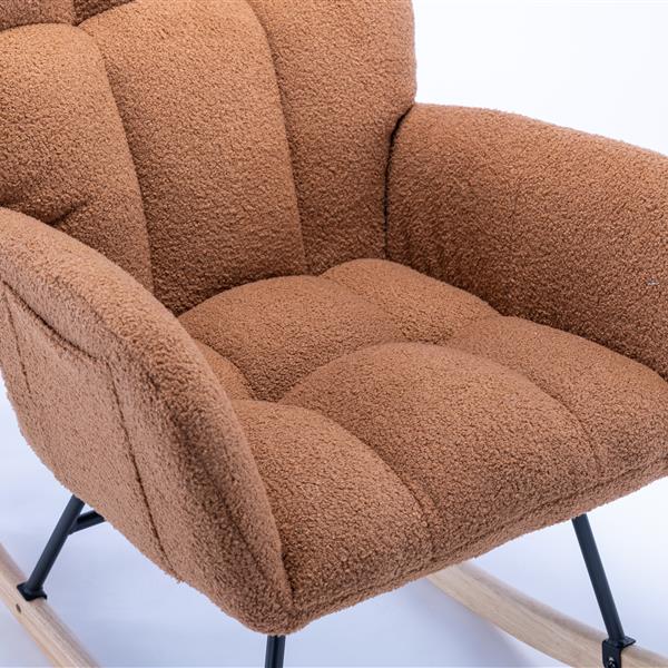 Rocking Chair with Pocket, Soft Teddy Fabric Rocking Chair for Nursery, Comfy Wingback Glider Rocker with Safe Solid Wood Base for Living Room Bedroom Balcony (brown)