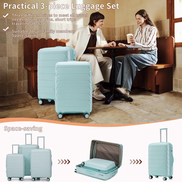 PP Luggage Sets 3 Piece(20/24/28), Expandable Carry On Luggage with TSA Lock Airline Approved, PP materials Hard Shell and Lightweight Suitcase with Spinner Wheels (Mint Green) 