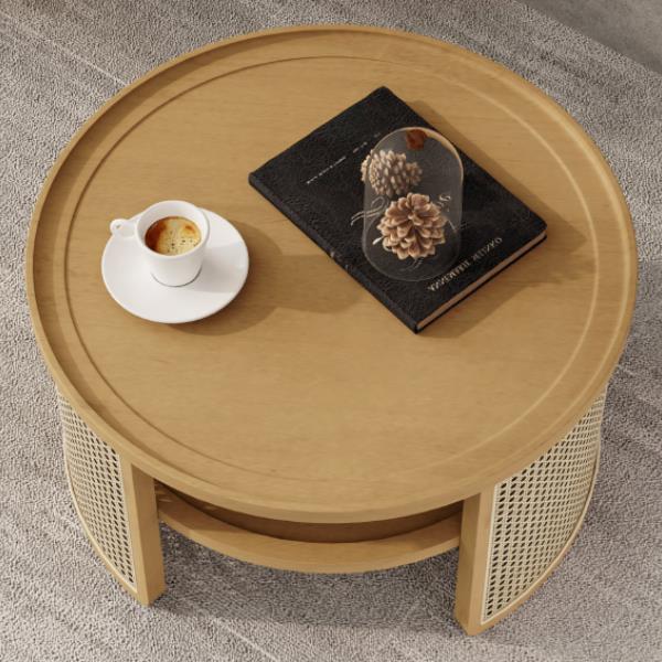 2-Tiered Round Natural Wood Coffee Table with Storage Rattan Base in 31.3''