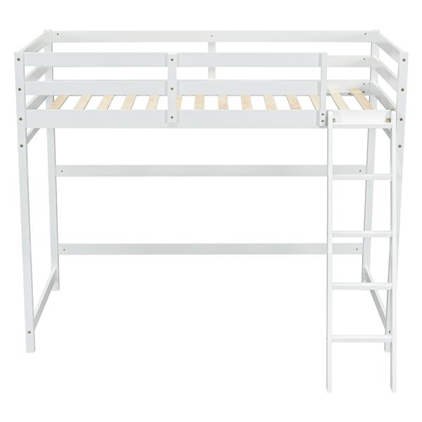 Twin Size High Loft Bed with inclined Ladder, Guardrails,White