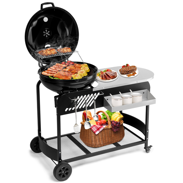 110*45*110cm Portable Charcoal Grill with Wheels and Sidetable, Large BBQ Smoker with Adjustable Vents on Lid for Outdoor Party Camping Picnic