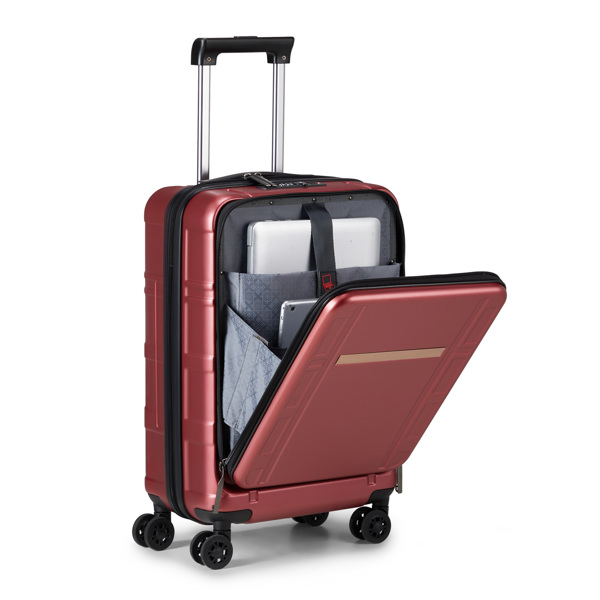 Carry on Luggage 22 X 14 X 9 Airline Approved, ABS+PC 20 Inch Luggage with Front Compartment, Double Spinner Wheels, TSA Lock，Wine Red Color