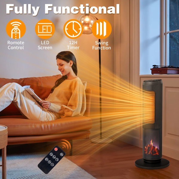 ZOKOP 25" Tower Space Heater with 3D Flame, 1500W Portable Electric Heater with Thermostat, 60° Oscillation, Timer, Remote Control, for Indoor Bedroom Office Home, Black