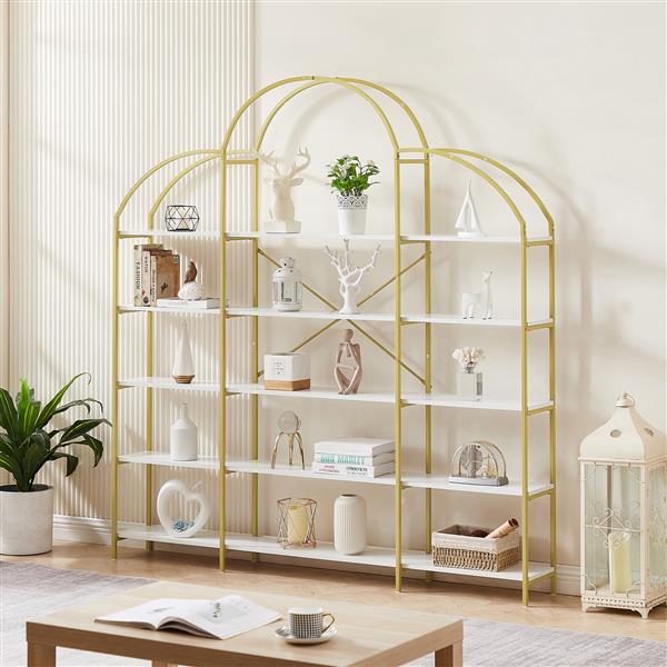 74.8 Inch 5 Tiers Office Bookcase Bookshelf, Display Shelf with Round Top, X Bar Gold Frame