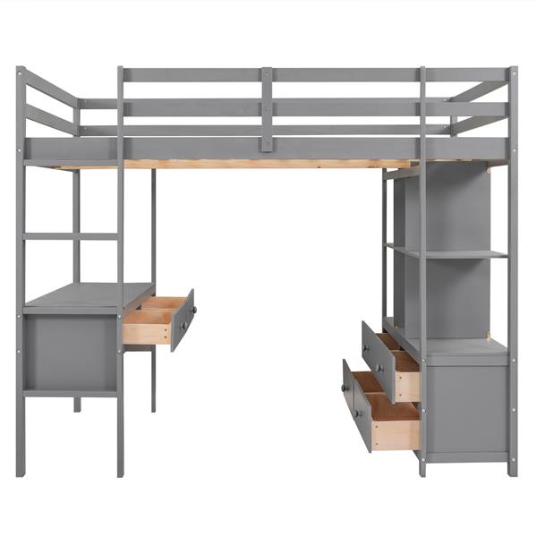 Full Size Loft Bed with Built-in Desk with Two Drawers, and Storage Shelves and Drawers,Gray