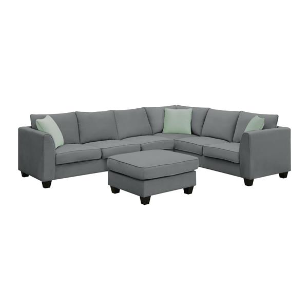 [VIDEO provided] 112*87" Sectional Sofa Couches Living Room Sets, 7 Seats Modular Sectional Sofa with Ottoman, L Shape Fabric Sofa Corner Couch Set with 3 Pillows, Grey