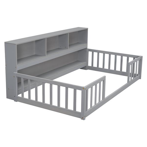 Twin Floor Bed with  Bedside Bookcase,Shelves,Guardrails,Grey