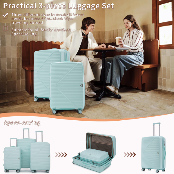  PP Luggage Sets 3 Piece(20/24/28), Expandable Carry On Luggage with TSA Lock Airline Approved, PP materials Hard Shell and Lightweight Suitcase with Spinner Wheels (Mint Green) 