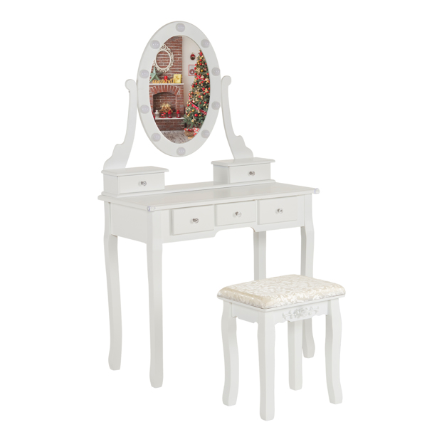 FCH Vanity Set with 3-Color Dimmable Lighted Mirror, Makeup Dressing Table with Power Outlet, Drawers and Cushioned Stool, White