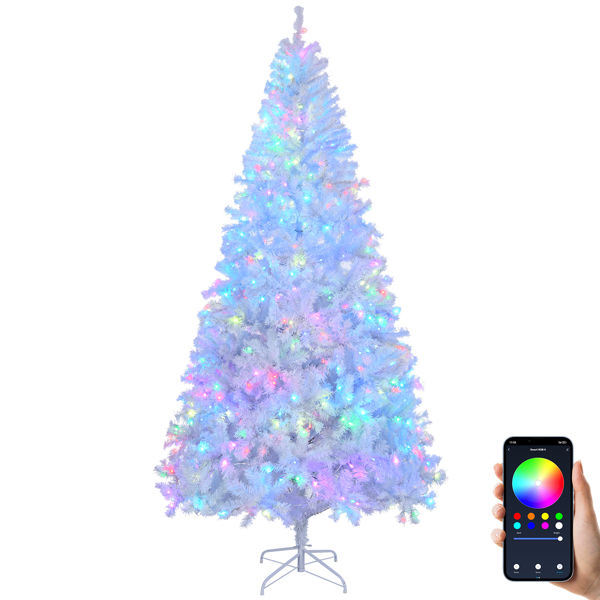 8 FT Pre-lit Artificial Christmas Tree, APP Controlled Xmas Tree Hinged Branches with 500 RGB Lights and 1500 Branch Tips, for Holiday Party Store Office Home, White