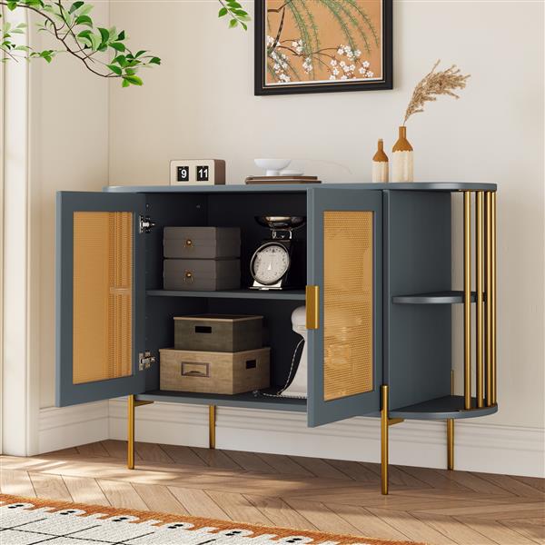 2-Door Elegant Curved Dining Cabinet with Gold Trim and Woven Rattan Doors for Dining Room (Dark Gray)