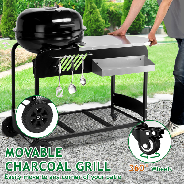 110*45*110cm Portable Charcoal Grill with Wheels and Sidetable, Large BBQ Smoker with Adjustable Vents on Lid for Outdoor Party Camping Picnic