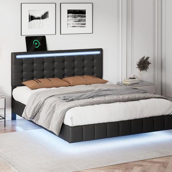 Full Size Floating Bed Frame with LED Lights and USB Charging,Modern Upholstered Platform LED Bed Frame,Black(Full)